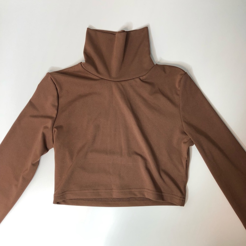 Brown Solid Turtle Neck Long Sleeve Crop Top M